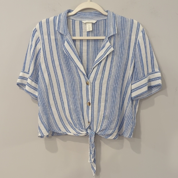 H&M Blue and White Striped Button-Down Shirt Tie‎ Front size 6 - Picture 1 of 8